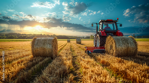 Farmer on tractor collecting grass into bales after mowing  blue sky with clouds at sunset  Earth Hour concept and idea about importance of agriculture in economy and ecosystems  Labor Day poster
