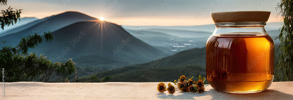 Banner Honey in a glass jar with wildflowers on the background of a mountain landscape. Beekeeping products. Fresh honey, flower honey, variegated herbs. Place for text - obrazy, fototapety, plakaty 