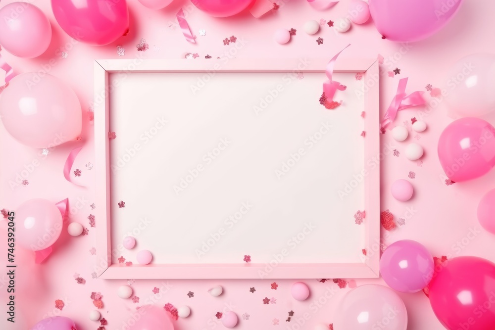 Frame of balloons and confetti on a pink background. Party Frame with Pink Balloons and Confetti