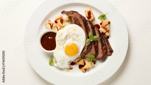 Side of home fries paired with steak sauce, double-smoked bacon, mozzarella cheese, and a poached egg, arranged on a white round plate set against a white background, captured from a top perspective