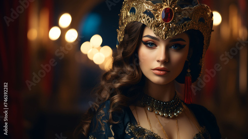 Beautiful Italian woman with model looks, posing in a traditional Venetian mask.