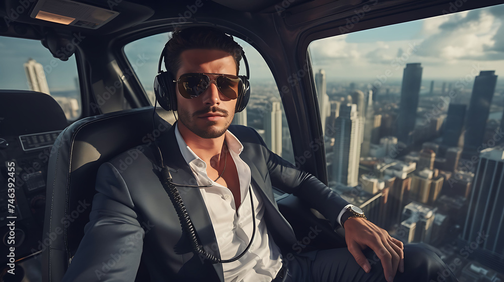 Handsome Latino man with model looks, flying on a private helicopter over city skyscrapers. Handsome Latino man with model looks, flying on a private helicopter over city skyscrapers.