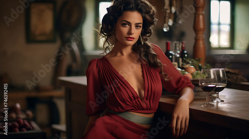 Beautiful Italian woman with model looks, posing in a traditional Italian winery.