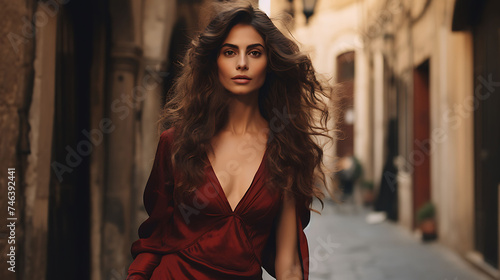 Beautiful Italian woman with model looks, strolling through narrow streets of an old Italian town