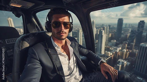 Handsome Latino man with model looks  flying on a private helicopter over city skyscrapers.