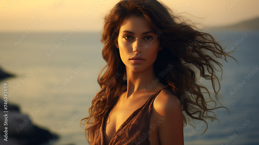 Beautiful Italian woman with model looks, welcoming the sunrise by the Mediterranean Sea. Beautiful Italian woman with model looks, welcoming the sunrise by the Mediterranean Sea.