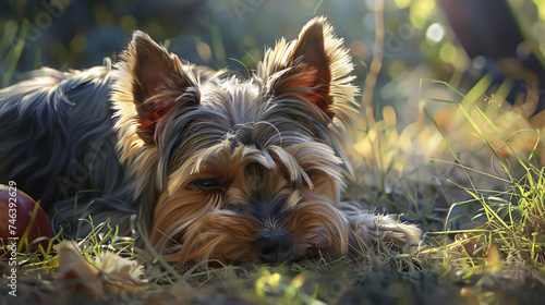 a heartwarming hyperrealistic scene featuring a senior Yorkshire Terrier in a serene moment. © Possibility Pages
