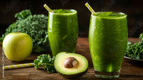Fresh detox juice from vitamin green vegetables and fruits,Tasty fresh kale smoothie on wooden table, closeup,Glass jar mugs with green health smoothie,Glasses of tasty avocado,