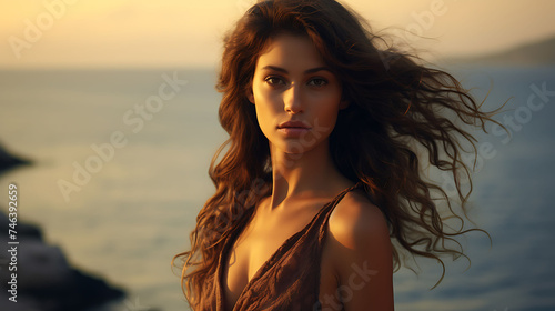 Beautiful Italian woman with model looks, welcoming the sunrise by the Mediterranean Sea.