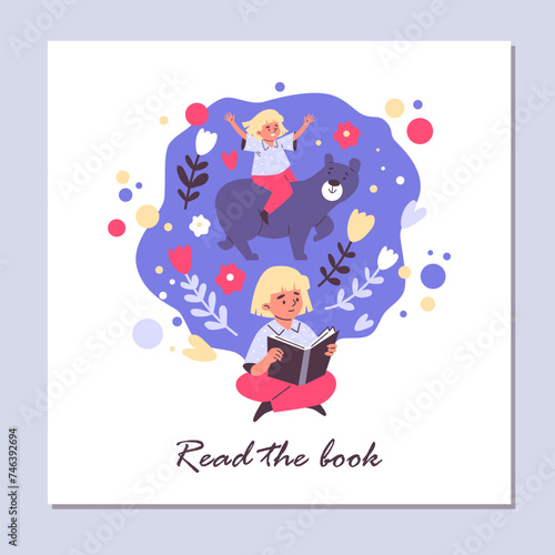 Flat design flyer with a girl reading a fairy tale and dreaming of adventure.