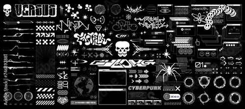 Futuristic typeface graphic in Sci-fi art style, Digital elements - HUD, y2k, digital lettering. Cyberpunk art graphic box for t-shirt, merch, streetwear, typography. 3D elements, UI, HUD. Vector set