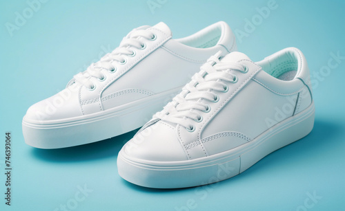 Close-up of White Sneakers on Light Blue