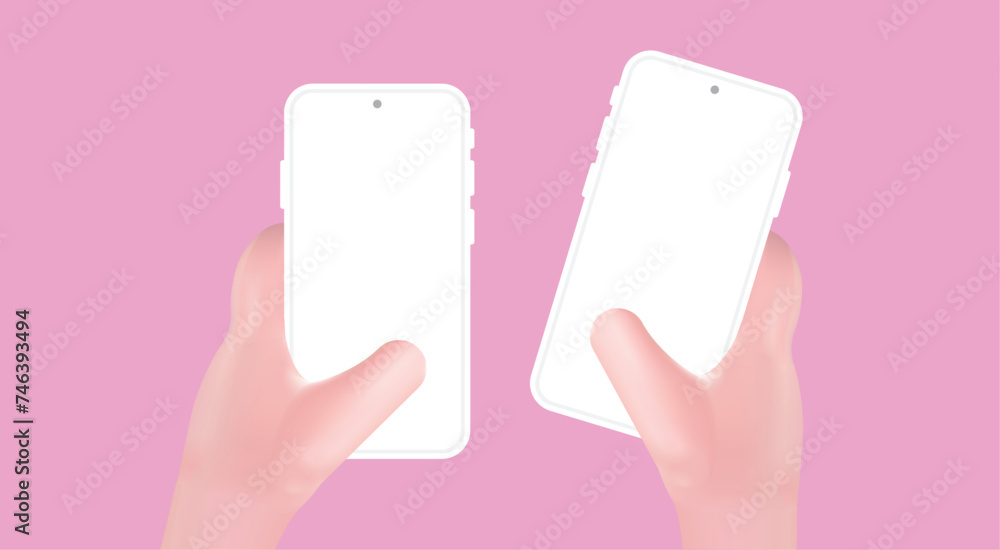 Cute cartoon hand holding mobile smartphone with white blank screen isolated on pink background. Modern mockup. Vector illustration Cute cartoon hand holding mobile smartphone with white blank screen isolated on pink background. Modern mockup. Vector illustration