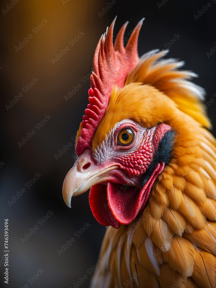 Chicken, close-up. Generative AI. Chicken on a dark background. Chicken head. Portrait of a chicken. AI illustration