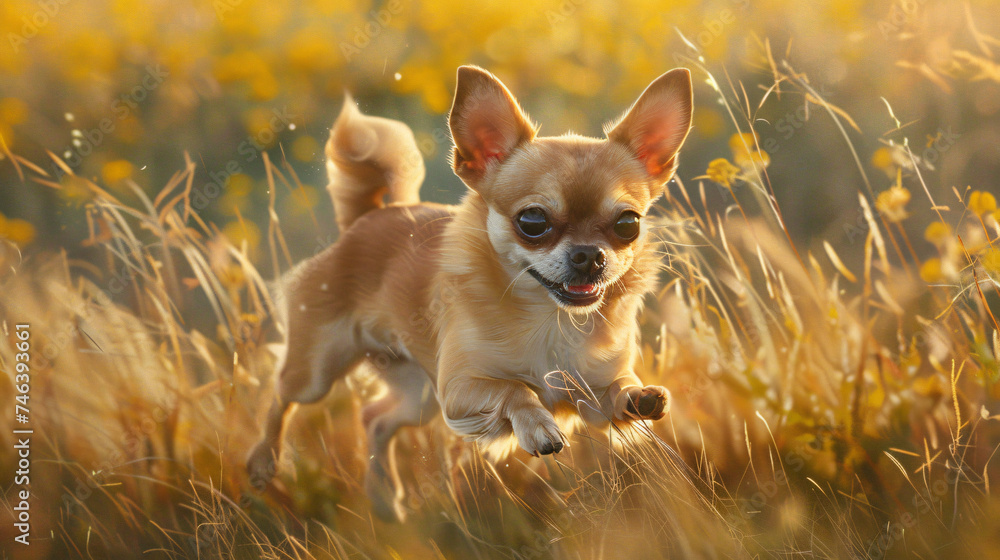 a dynamic moment with a hyperrealistic image of a Chihuahua at play