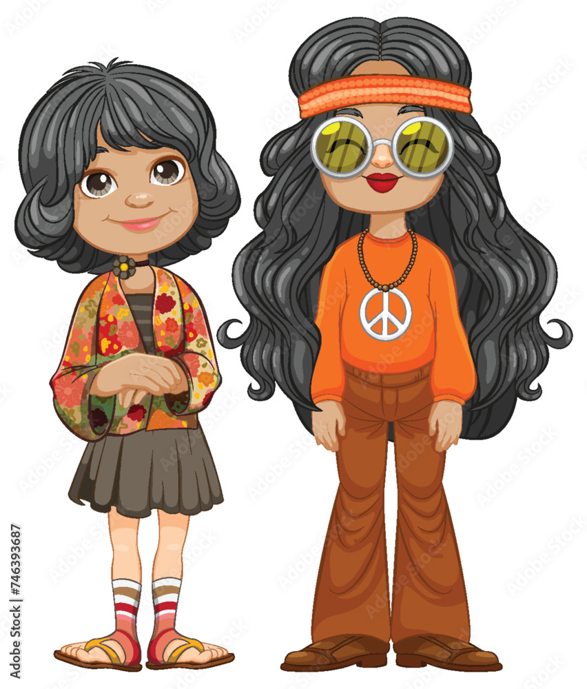 Two cartoon characters dressed in 1970s attire. Two cartoon characters dressed in 1970s attire.