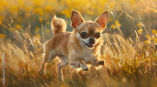 a dynamic moment with a hyperrealistic image of a Chihuahua at play