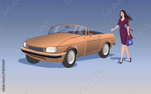 Retro car and a girl next to it on a neutral background. Vector.