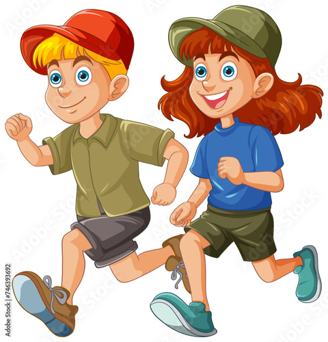 Two cartoon kids joyfully running side by side.