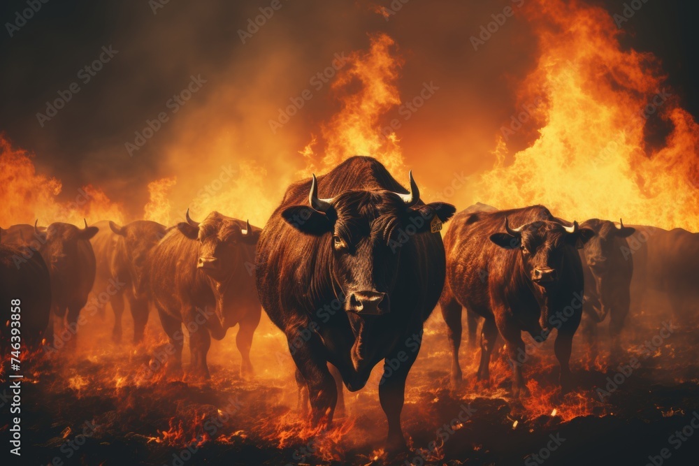 the urgency and determination of animals fleeing wildfires.Animals escape from a fire in the jungle - obrazy, fototapety, plakaty 