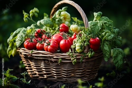 Fresh vegetables and herbs in a large basket on the background of field green plants