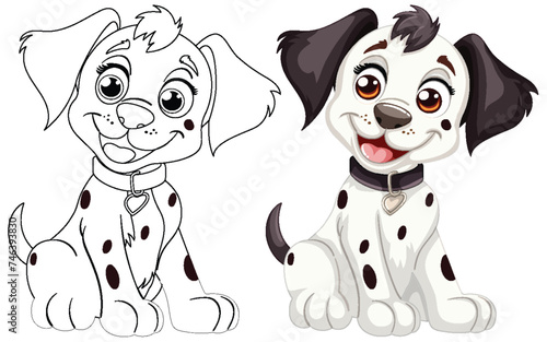Two cartoon Dalmatian puppies smiling happily.