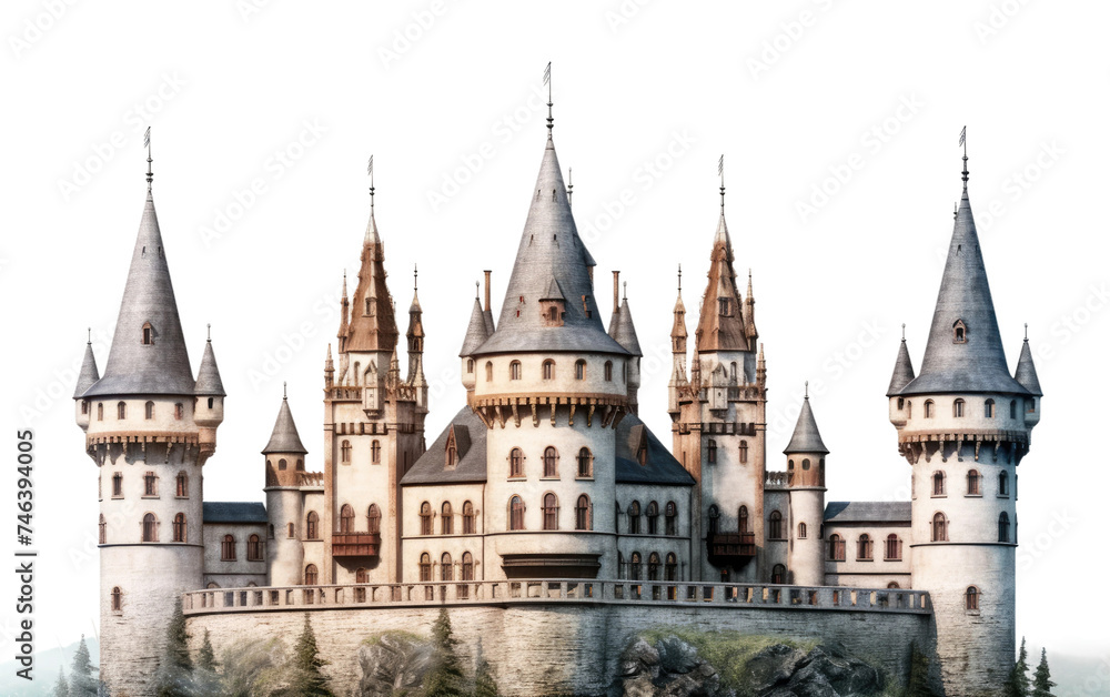Drawing of a Castle on a Hill. The drawing depicts a medieval castle situated atop a hill, surrounded by lush greenery. on a White or Clear Surface PNG Transparent Background.