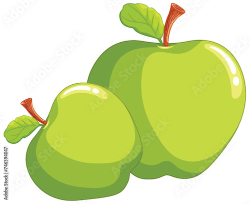 Two shiny green apples with leaves attached