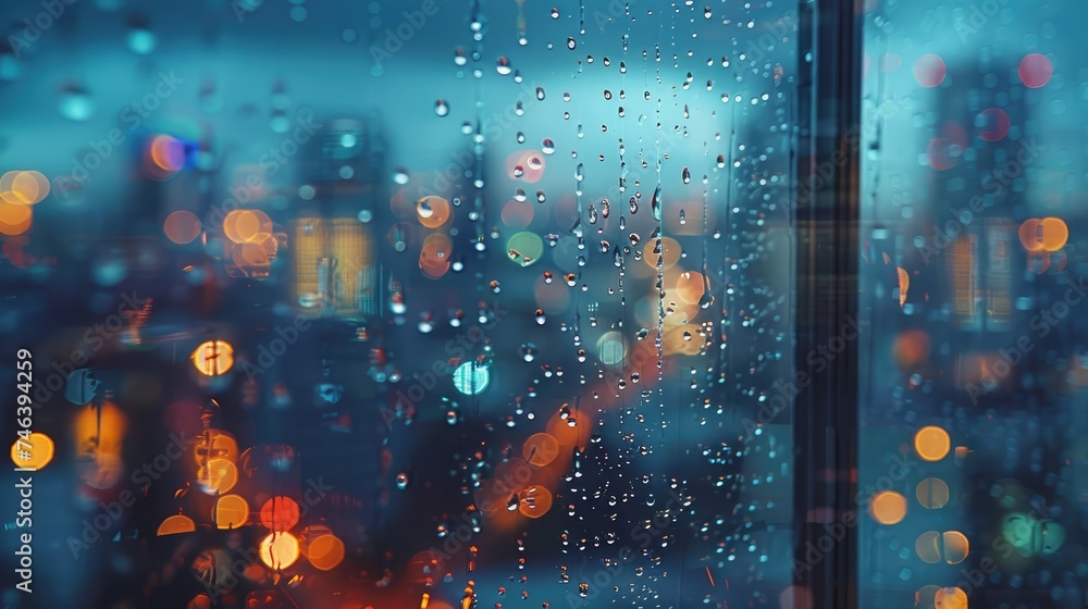 Raindrops on glass window with blurred city night, AI generated Image