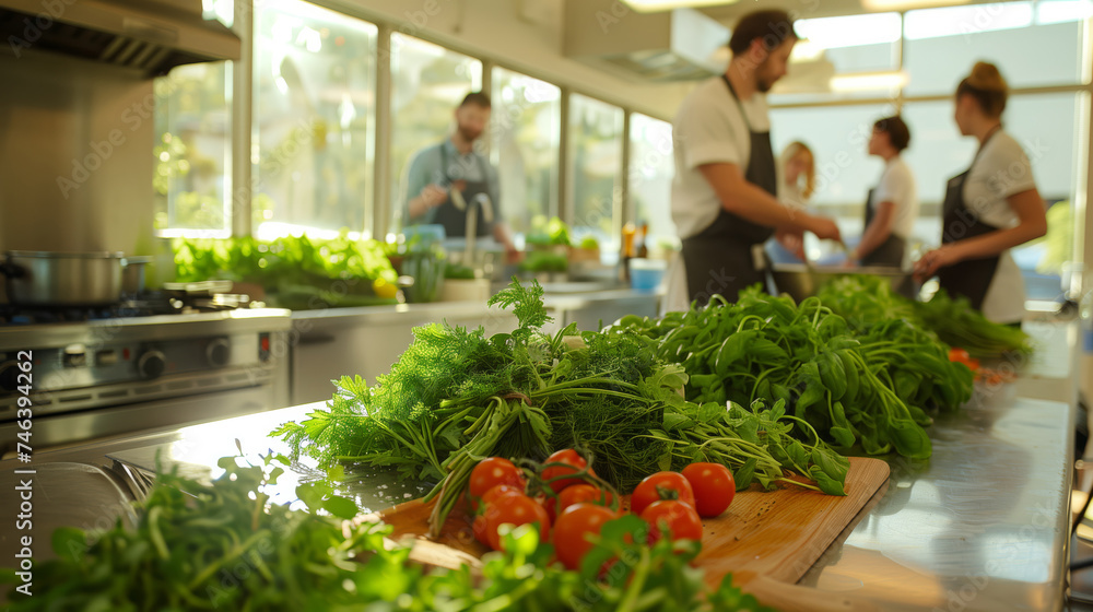 A group of Chefs prepare dishes with fresh herbs in the modern kitchen A group of Chefs prepare dishes with fresh herbs in the modern kitchen