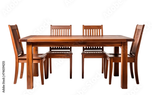 Wooden Table With Four Chairs. A wooden table is surrounded by four chairs  creating a simple dining setup in a room. on a White or Clear Surface PNG Transparent Background.