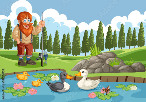 Happy fisherman with ducks in a serene pond setting