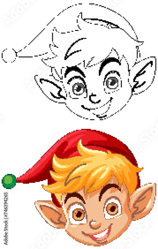 Colorful and line art illustrations of a happy elf.