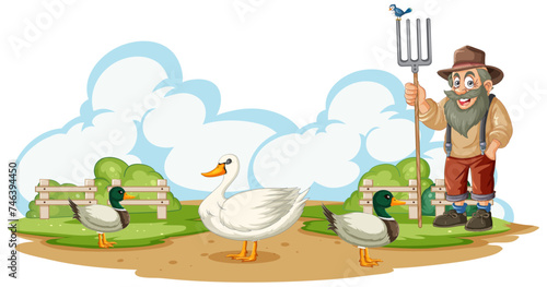 Cheerful farmer standing with ducks on a farm