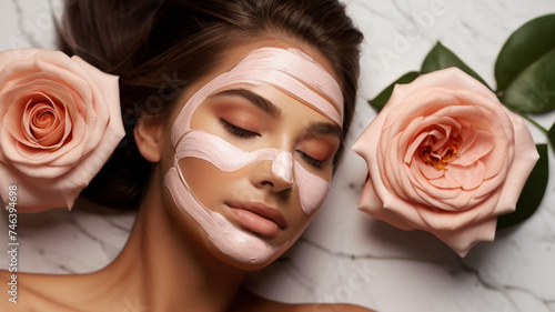 Gorgeous young woman with skin care pink clay mask on her face,  for softening and soothing sensitive and weakened skin. It gently exfoliates the skin of the face. photo