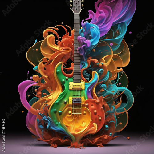 The 4D digital art image of thick gold, red, green, and blue smoke forms over the guitar, a Bright and vibrant explosion of neon colors. 