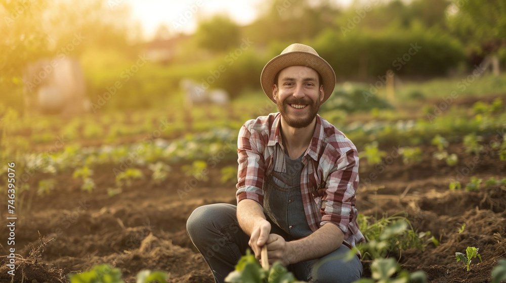 portrait of man or farmer in sustainable garden or small business owner in field, generative AI portrait of man or farmer in sustainable garden or small business owner in field, generative AI