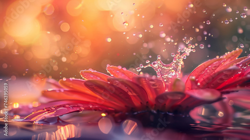 Beautiful close-up gerbera flower with water splashing against a bright sunlight background, rasa