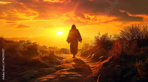 silhouette of Jesus walking into the sunset, generative AI photo
