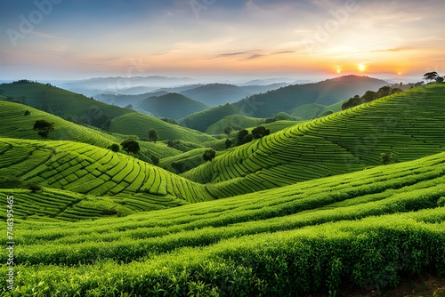 Rolling hills covered in tea bushes stretching to the horizon