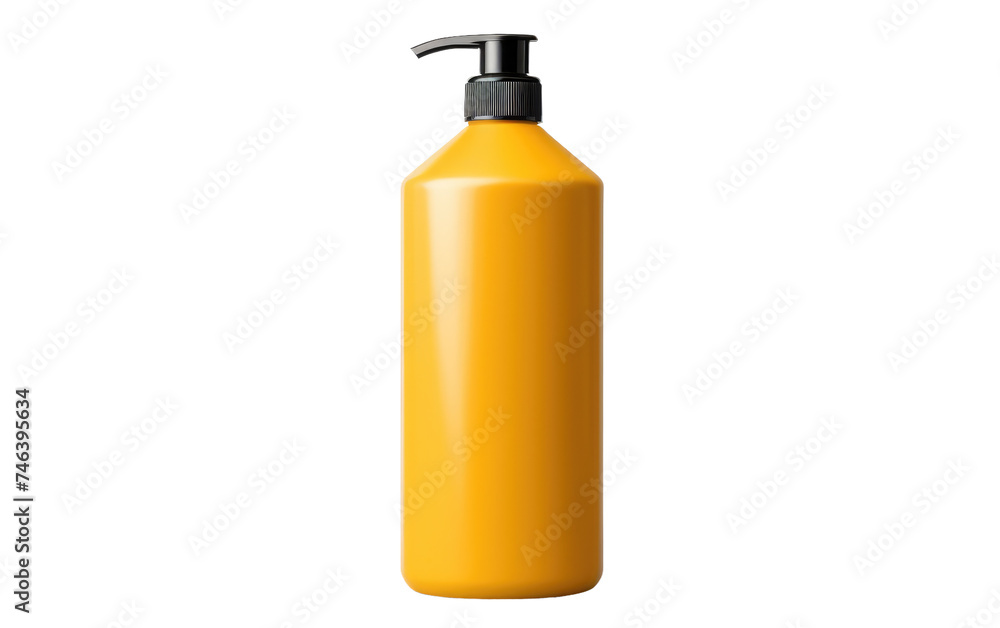 A yellow plastic bottle with a black pump sitting on a countertop. The pump is in the open position, ready for use. on a White or Clear Surface PNG Transparent Background. A yellow plastic bottle with a black pump sitting on a countertop. The pump is in the open position, ready for use. on a White or Clear Surface PNG Transparent Background.