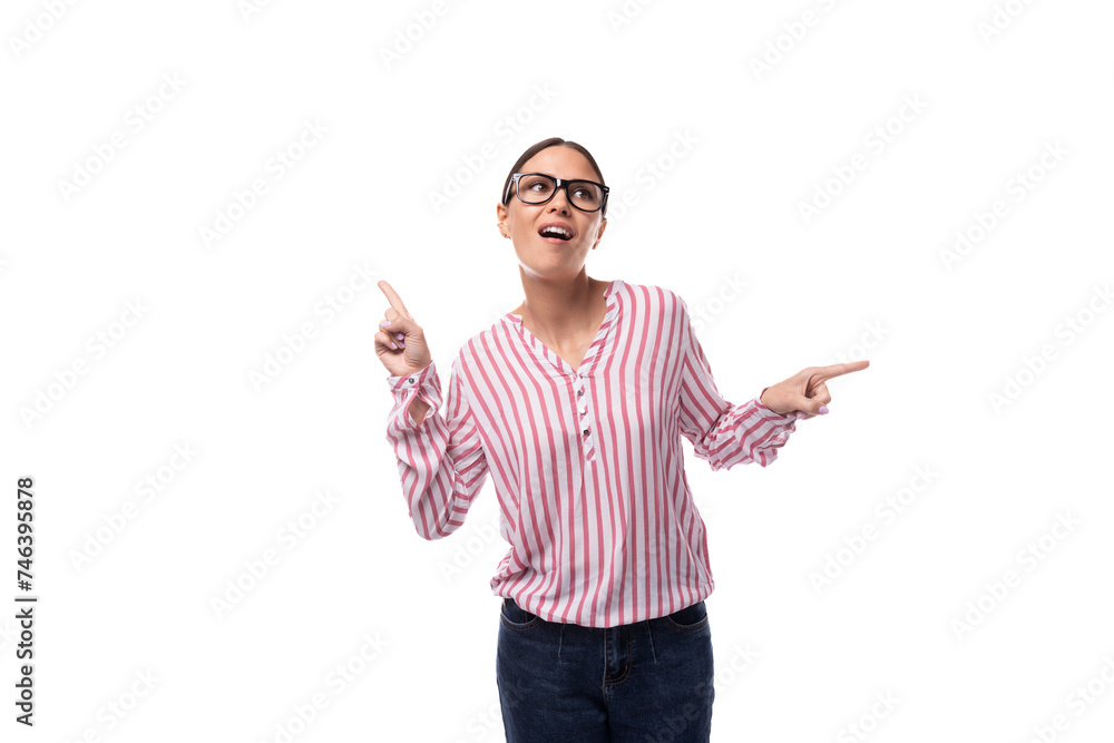 young well-groomed slender European leader woman with black hair in a light striped blouse young well-groomed slender European leader woman with black hair in a light striped blouse