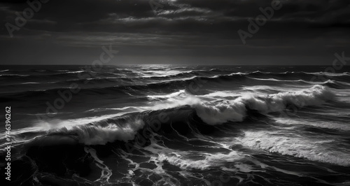 Sea waves washing the shore. Panoramic view, black and white photo