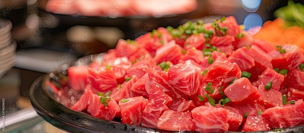 A detailed close-up of a vibrant plate of food on a table, showcasing chopped red onions and various colorful ingredients. A detailed close-up of a vibrant plate of food on a table, showcasing chopped red onions and various colorful ingredients.