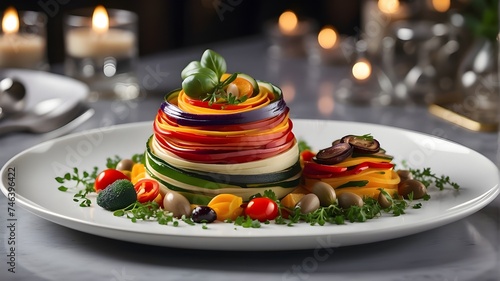 Create a stunning 8K ultra-realistic food photograph featuring ratatouille crafted in molecular kitchen style, beautifully decorated with intricate details. The composition should reflect Michelin-sta