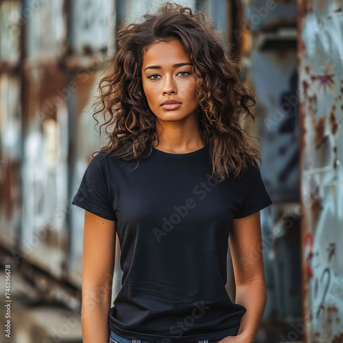 Urban Model. Generated Image. A digital rendering of a female model wearing a blank black t-shirt in an urban background.