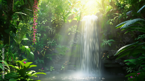 Beautiful waterfall with tropical plants and flowers with bright sunlight  a paradise place