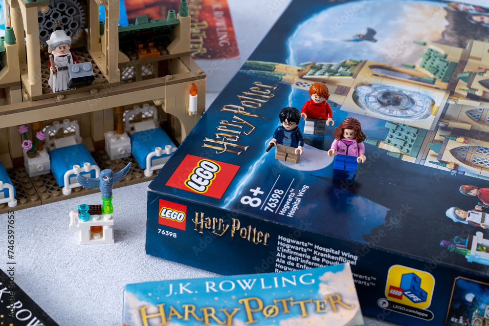 Fototapeta premium LEGO Constructor box based on the Harry Potter books by JK Rowling. Castle and minimen. Game set for children and fans. Minifigures mini man. Ukraine, Kyiv - January 17, 2024