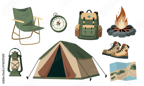 Cartoon set of tourism elements. Flat vector illustration. Collection of camp equipment. Camping, tourism, nature concept. Isolated on white background