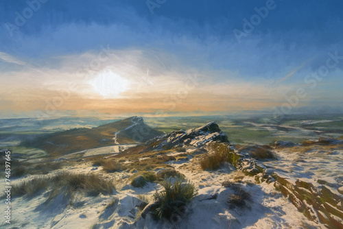 The Roaches. A digital oil painting of a winter landscape in the Peak District National Park, UK. photo
